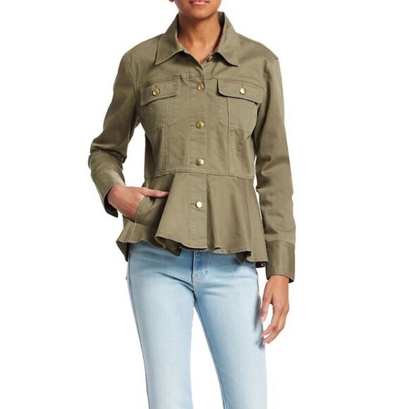 Frame Button Front Peplum Denim Jacket Army Green - Picture 1 of 9